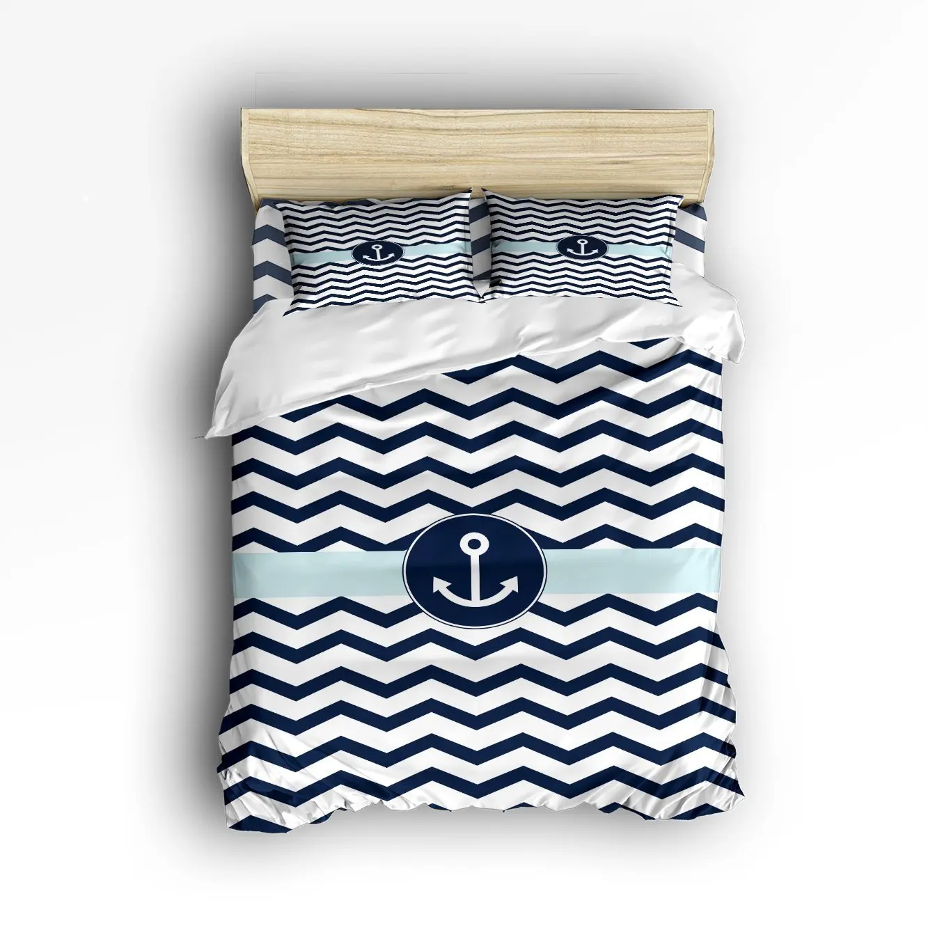 

Queen Size Bedding Set- Navy Blue Chevron with Nautical Anchor Duvet Cover Set Bedspread 4 Piece