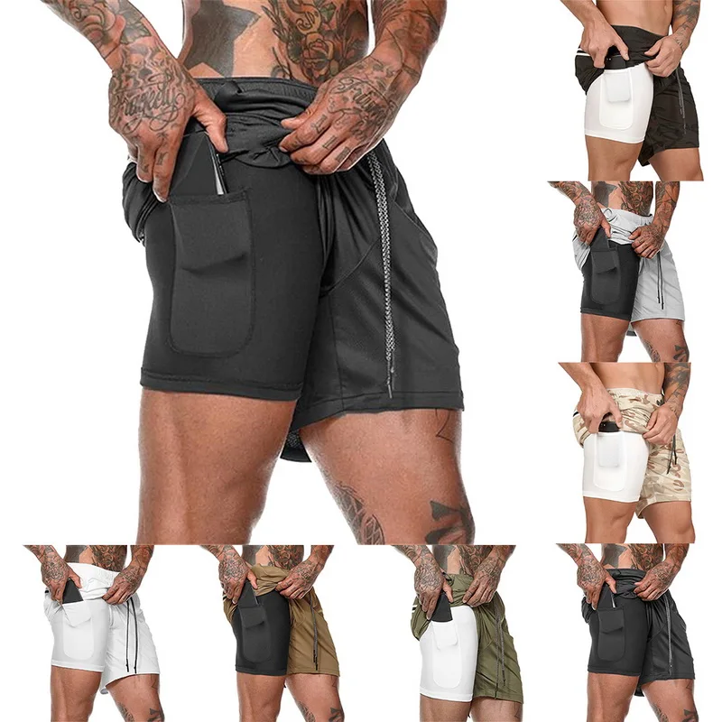 

New Solid Running Sport Shorts Men 2 In 1 Drawstring Camouflage Shorts Homme Quick Dry Bodybuilding Shorts Breathable Gym Shorts