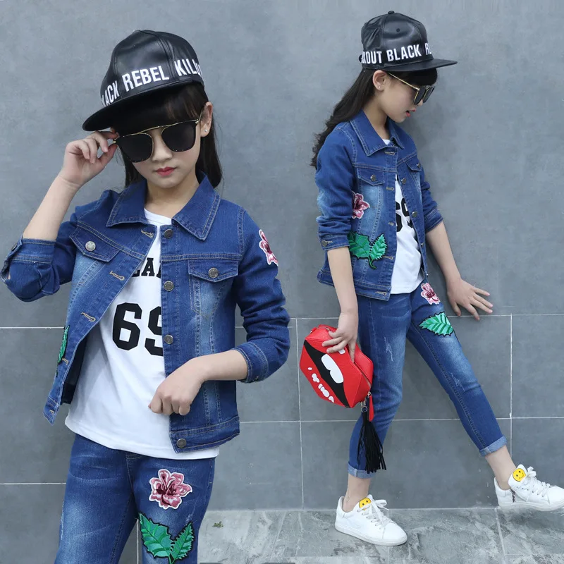 

12 Years Teen Girls Clothing Set Autumn Winter Leaf Flower Blue T-shirt Denim Coat Pants Toddler Girl Clothes Boutique Children