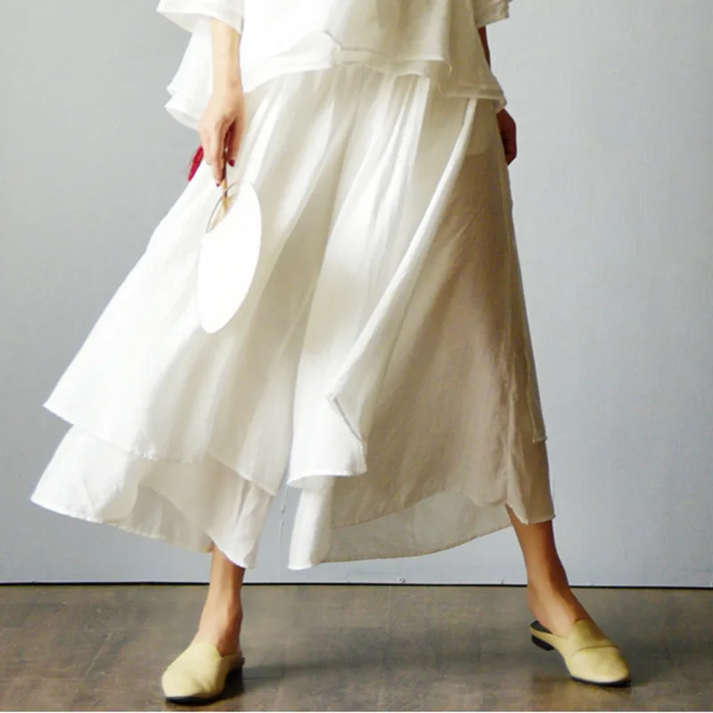 

#0701 Cotton Linen Wide Leg Pants Women White Black Loose Vintage Elastic Waist Trousers Side Split Double Layer Pants Ladies