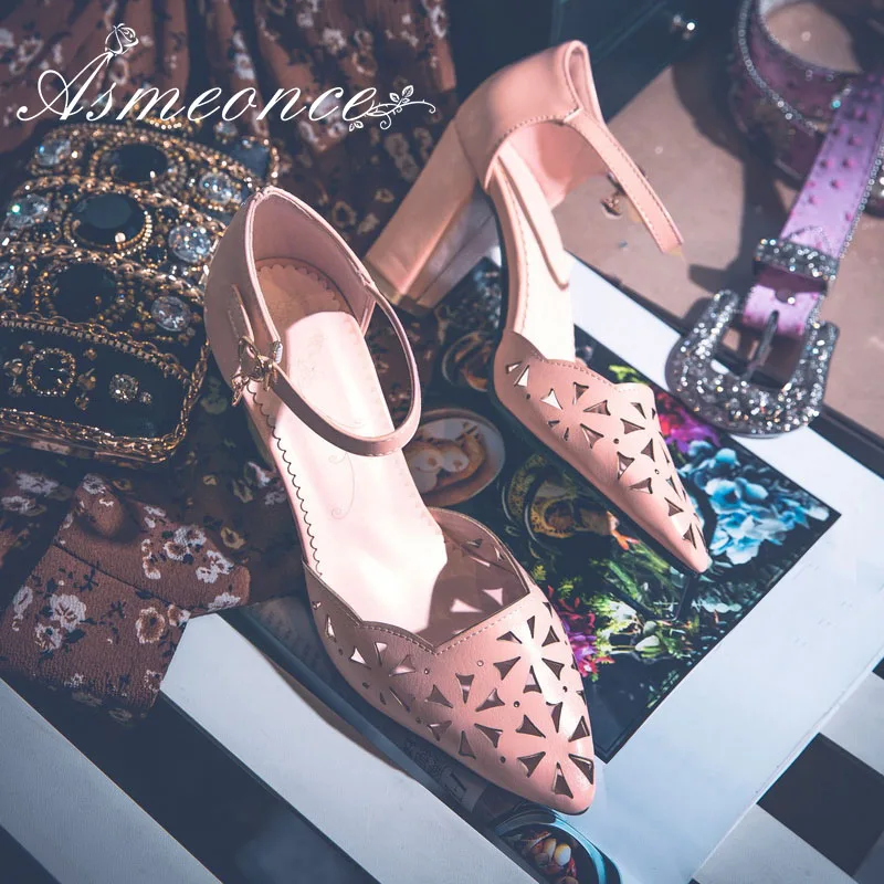 

Women Pumps Hollow Flowers Leather D'Orsay High Heels Sexy Woman Sandals Pointy Buckle Hearted Summer Shoes Plus Size 45