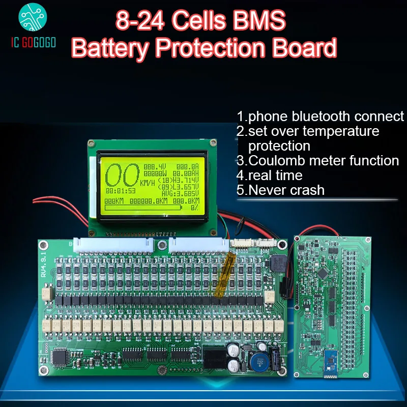 

Smart Display 70A 10S 12S 24S Cells Lithium Battery Protection Board BMS Balance Coulomb Meter lifepo4 iron phosphate Li-ion APP