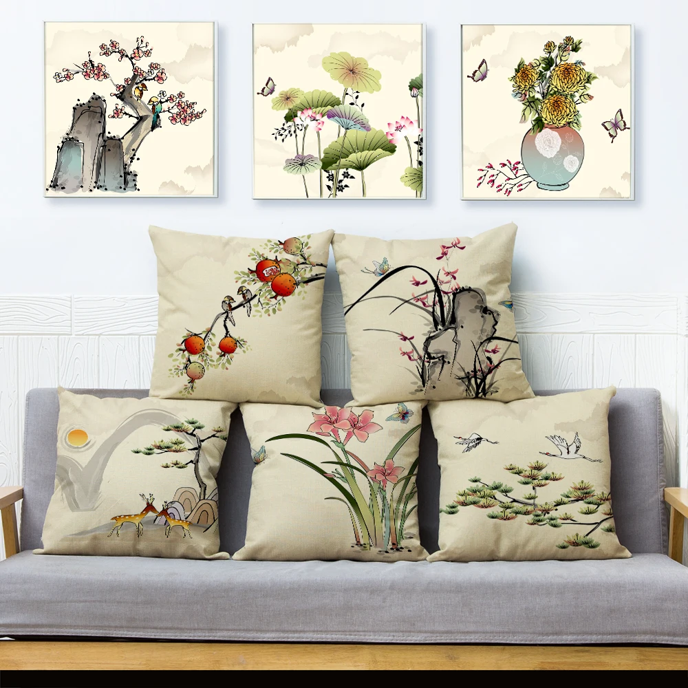 

Nordic style Colorful Chinese Link Plant Cushion Cover Linen Pillow Covers Throw Pillow Case Sofa Home Decor Flower Pillowcase