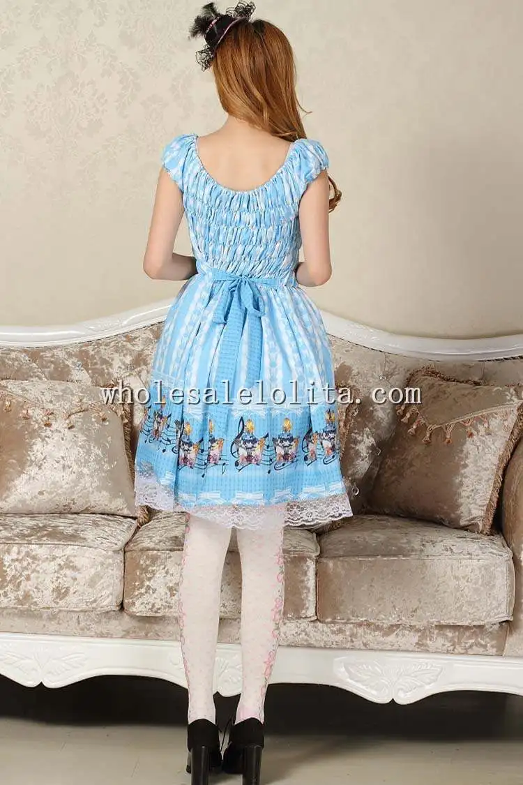 Синее милое платье в стиле Лолиты для девочек с изображением кролика и Алисы