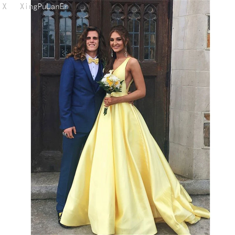 

Sexy Deep V Neck Long Stain A-line Evening Dresses Open Back Women Formal Prom Dress with Pockets robe demoiselle d'honneur