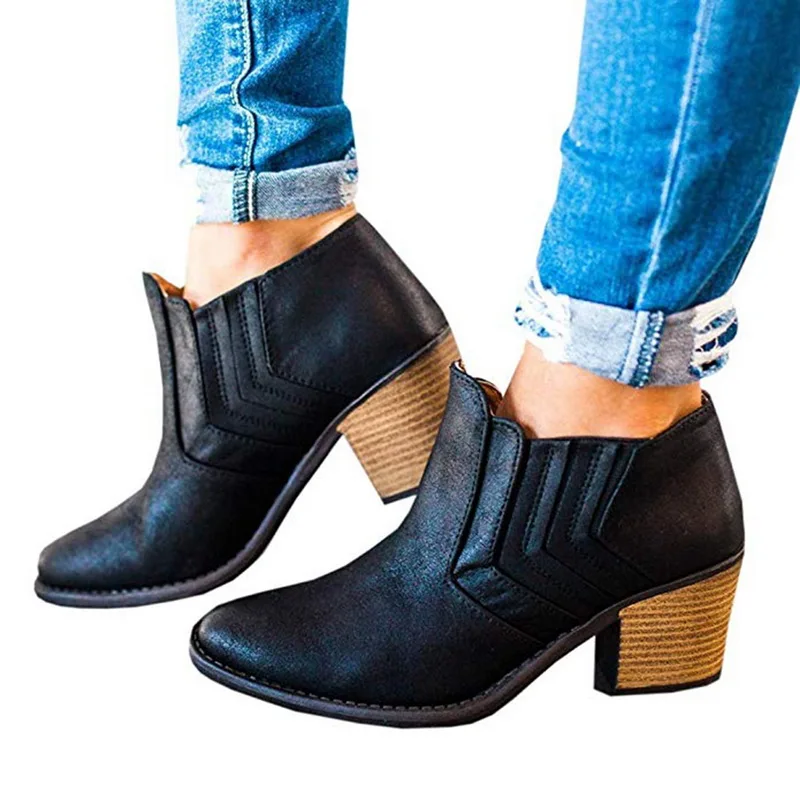 

Women Fashion Round Toe Ankle Shoes Ladies Basic Slip On Square Heel Boots Casual Classic Boots