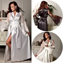 Сексуальное женское шелковое атласное кимоно, халат, новинка, Осеннее цветочное кружевное платье с длинным рукавом, свадебное платье подружки невесты, одежда для сна, Халат