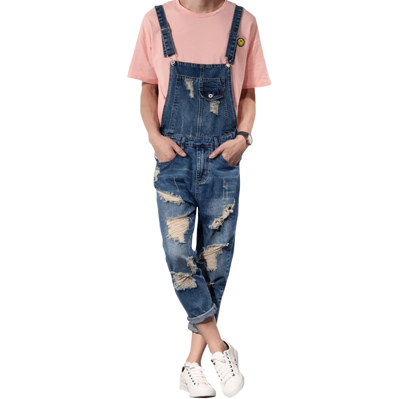2017 New Mens Bib Overalls Fashion Ankle Length Denim Overalls Men