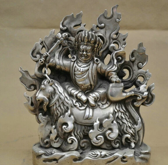 

8'' China Tibet Mahakala Protector Buddha Ride Sheep Goat Silver Bronze Statue R0712