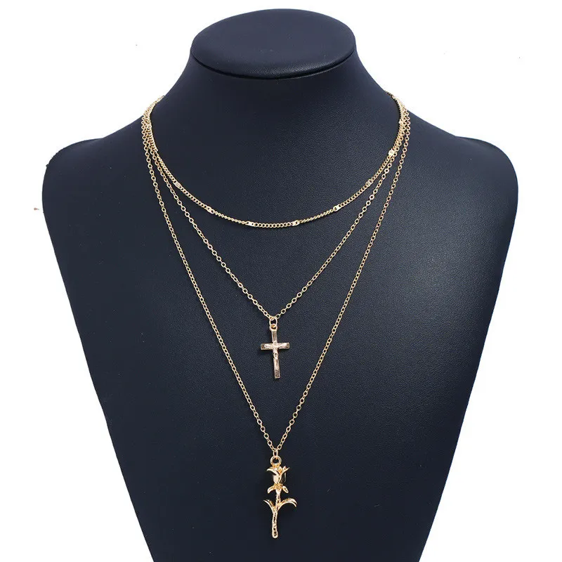 NADEEM, религиозный стиль, многослойное длинное ожерелье на цепочке, минималистичное золотое ожерелье с крестом и розовыми цветами, ожерелье для женщин