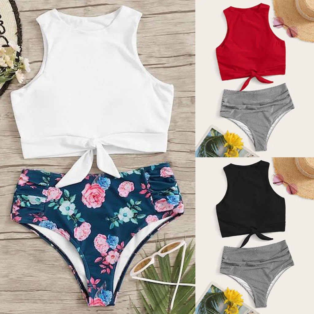 

swim suit women swimwear Women's Bikini Set Two Piece Knot Front Crop Top Swimsuit with Floral Bottom dropshipping