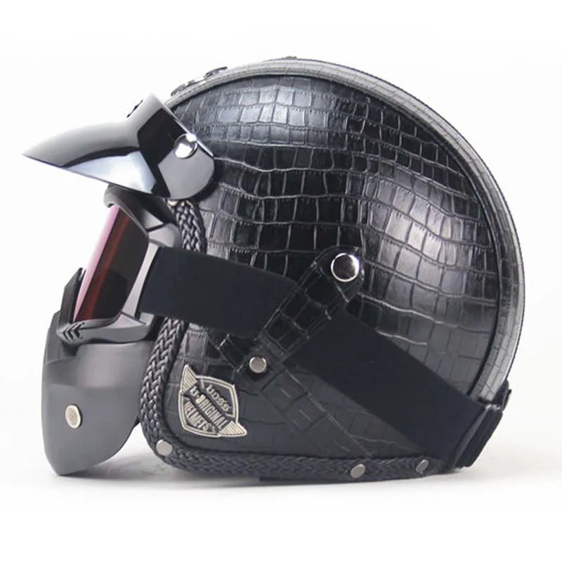

BLack PU Leather Harley Helmets 3/4 Motorcycle Chopper Bike helmet open face vintage motorcycle helmet with goggle mask