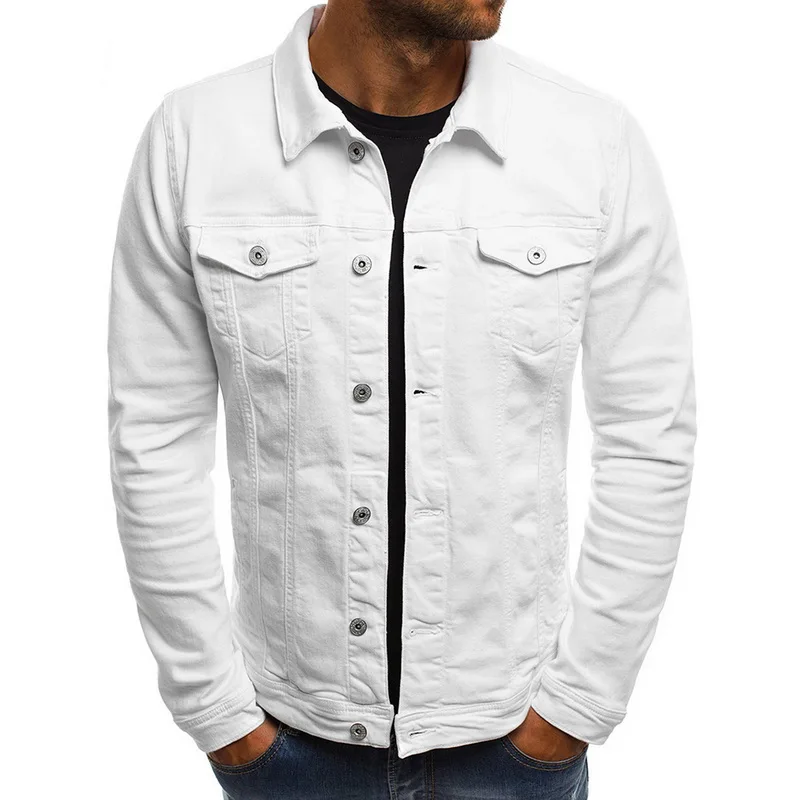 Брендовая джинсовая мужская куртка, Модные осенние приталенные куртки, мужские повседневные джинсовые пальто с отложным воротником, уличная одежда, однотонные джинсовые куртки - Цвет: white jeans jackets1