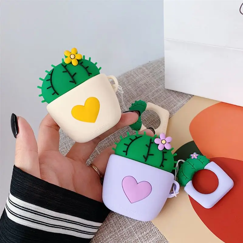 

Cute Cactus Heart Pattern Soft Silicone Protective Cover Shockproof Case Skin Shell With Lanyard for Airpods 1/2 Charging Box