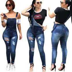 QMGOOD комбинезоны для Для женщин 2018 женские комбинезоны джинсовые комбинезон женщин рваные обтягивающие джинсы комбинезоны тонкий