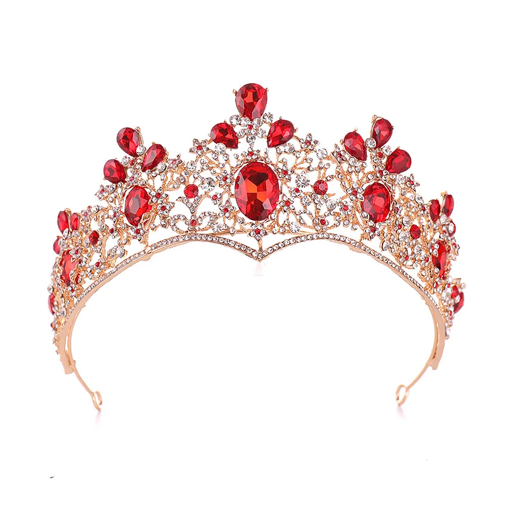 Luxury Gold Bridal Red Teardrop Crystal Rhinestone Tiara Crown Wedding