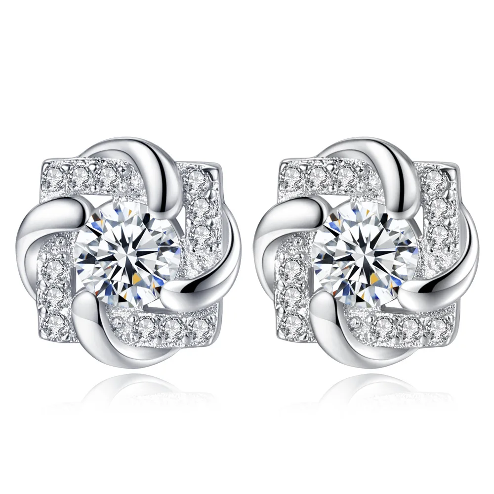 

New Arrivals Trendy Square Flower Cubic Zirconia 925 Sterling Silver Lady Stud Earrings Jewellery For Women Drop Shipping Girls