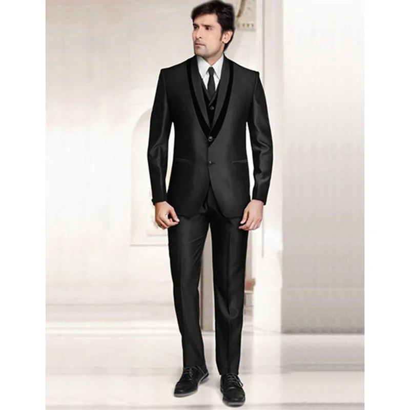 

India Black Notch Lapel Two Buttons Two Pockets Groom Tuxedos Wedding Business Suits Best Man Suit(Jacket+Pants+Vest+Tie)