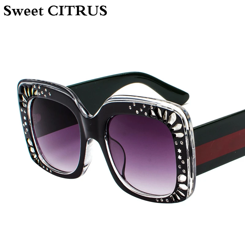 Сладкий цитрусовый со стразами негабаритных Квадратные Солнцезащитные очки Для женщин Элегантный Брендовая дизайнерская обувь алмаз