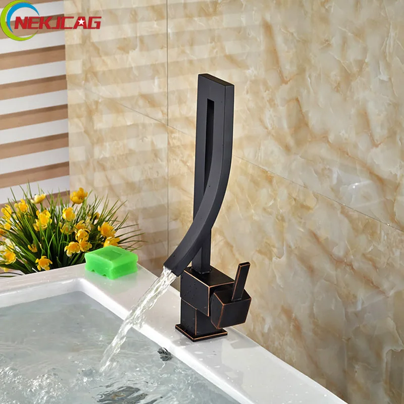 

Oil Rubbed Bronze Waterfall Bathroom Faucet Deck Mounted Basin Tap Single Handle One Hole Mixer Tap