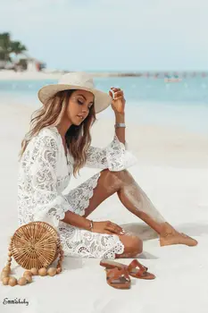

Hot 2019 New Summer Women Bikini Cover Up Floral Lace Hollow Crochet Swimsuit Cover-Ups Bathing Suit Beachwear Tunic Beach Dress