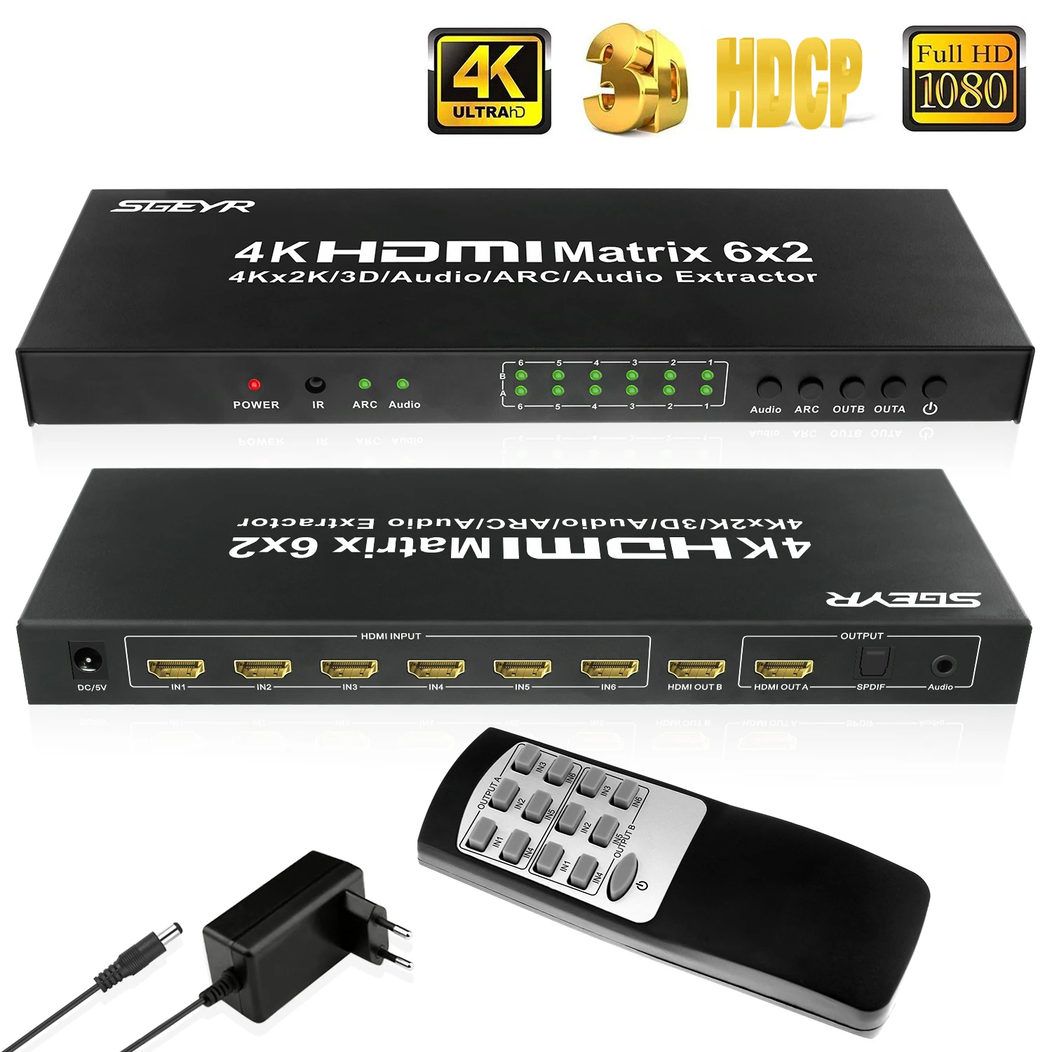 SGEYR 4K x 2K HDMI матричный коммутатор 6x2 матриц 6 в 2 Выход HDMI 1,4 сплиттер с пультом дистанционного управления+ SPDIF аудио экстрактор