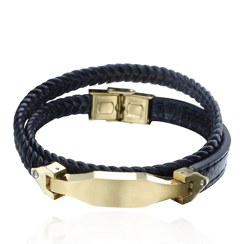 Hawson Double Layer Woven Leather Bracelet Ip Gold Stainless Steel Clasp Braided Bracelets