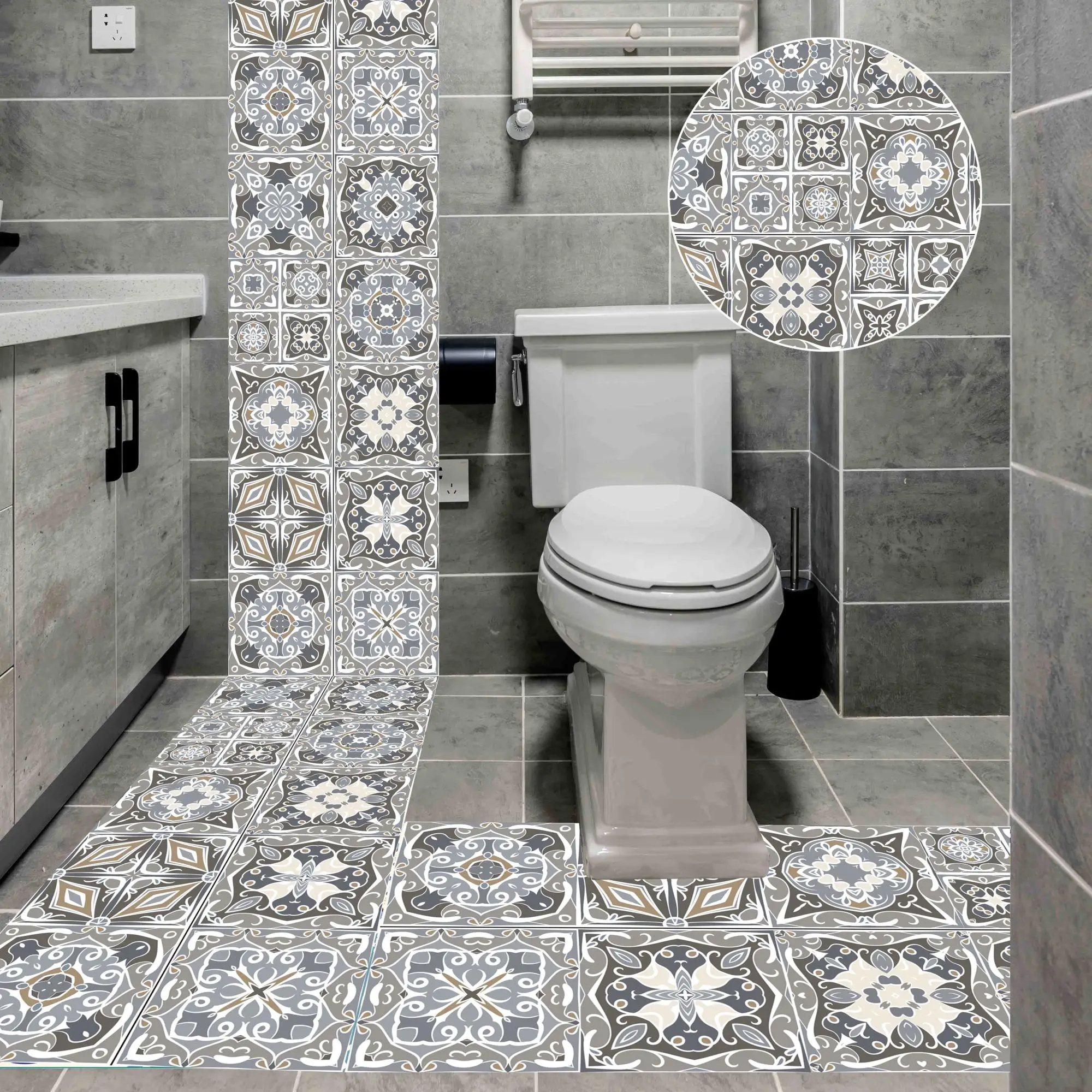 

3D National Style Square Pattern Tiles Floor Wall Sticker Kitchen Bathroom Waist Line Wall Stickers Poster Home Decor Art Mural