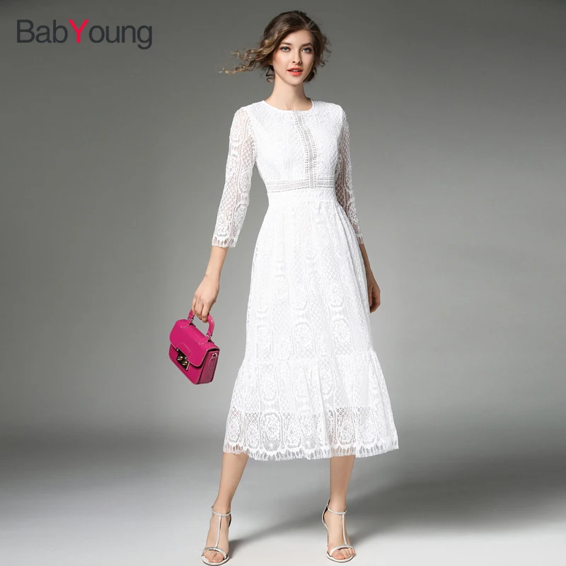 

BabYoung Autumn New Style Lace Dress O-neck Sexy Long Women Party Dress Floral Flower Simple Elegant Clothing Office Dress