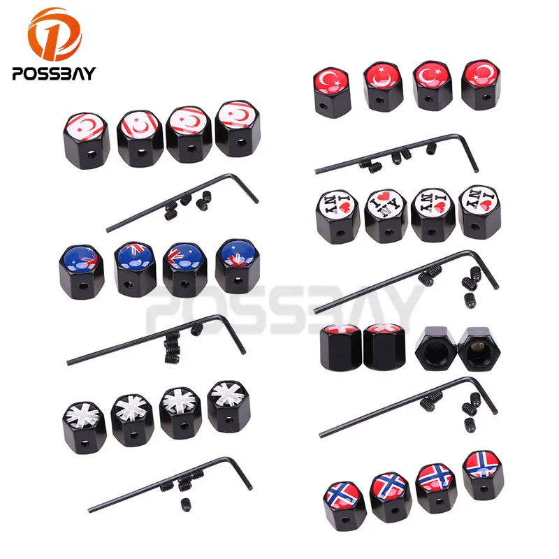 

POSSBAY 4Pcs/Set Anti-theft Caps Turkish/Australian/Englang/Switzerland/Norway Flap Logo Air Valve Caps Car Tyre Wheel Cover