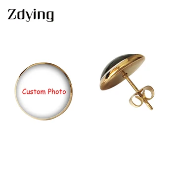 

ZDYING Personalized Customized Stud Earrings Round Photo Picture Glass Dome Earrings Gold/Silver/Stainless Steel Color Jewelry