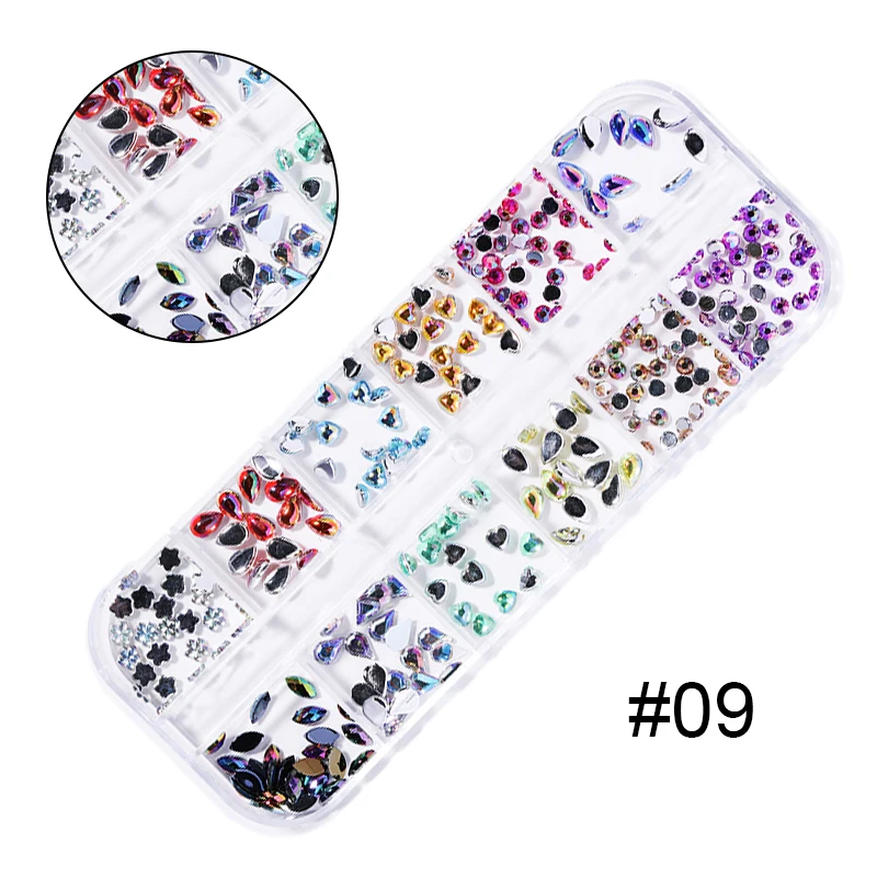 

12 Grids/Box 3D Nail Art Decorations Mixed Pattern Colorful Flat Bottom Nail Rhinestones DIY Tips Nail Decoration Tool