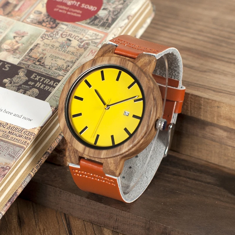 BOBO BIRD O09 Men Colorful Zebra Wood Quartz Wristwatch Yellow Dial Leather Quartz Watches with Gift Box erkek kol saati