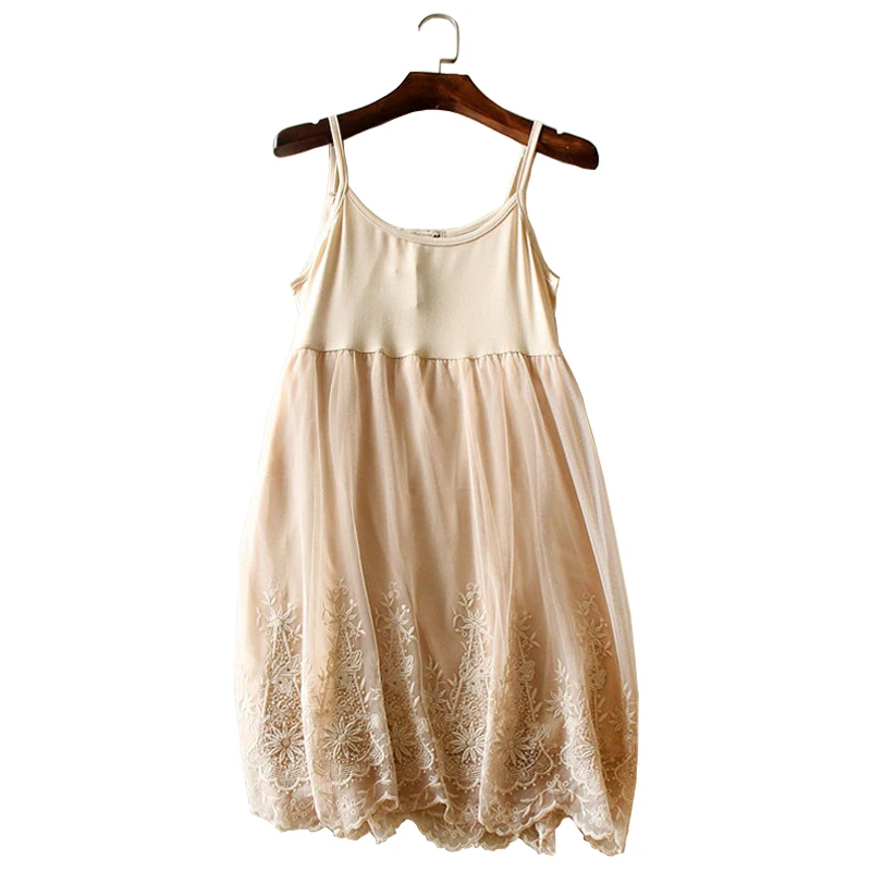 

2018 New Design Summer Embroidered Lace Female Mesh Modal High End Full Slips Intimates White Black Apricot Color