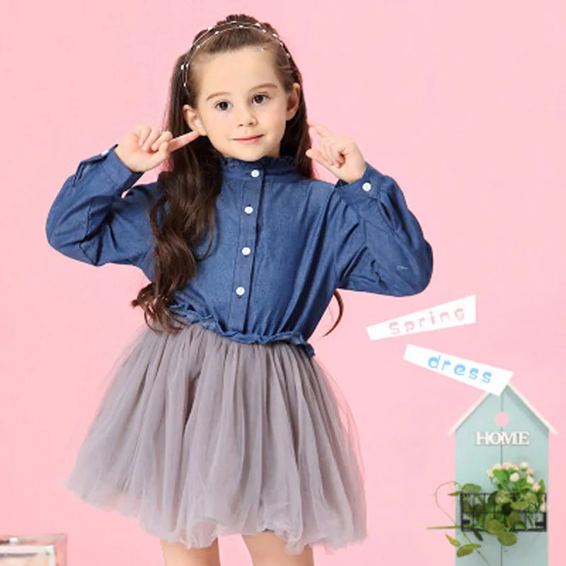 

Fashion Girls Dress 2019 New Autumn Dresses Children Clothing Princess Dress Cowboy Long Sleeve Mesh Design Kids Girls Clothes