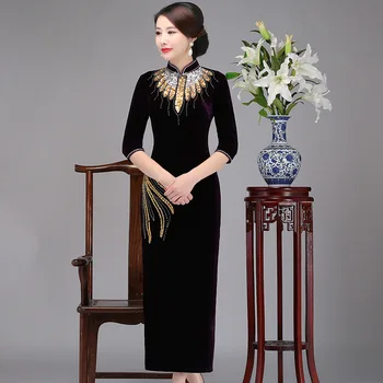 

New Arrival Lady Elegant Chinese Traditional Dress Floral Slim Mandarin Collar Long Qipao Velvet Cheongsam Vestidos Oversize
