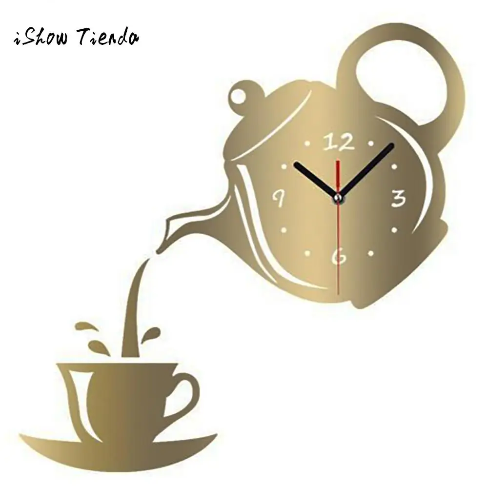 

Teapot Clock Wall Mirror Effect Coffee Cup Shape Decoration Home Decor Kitchen Home Living Room wall clock meetting room horloge