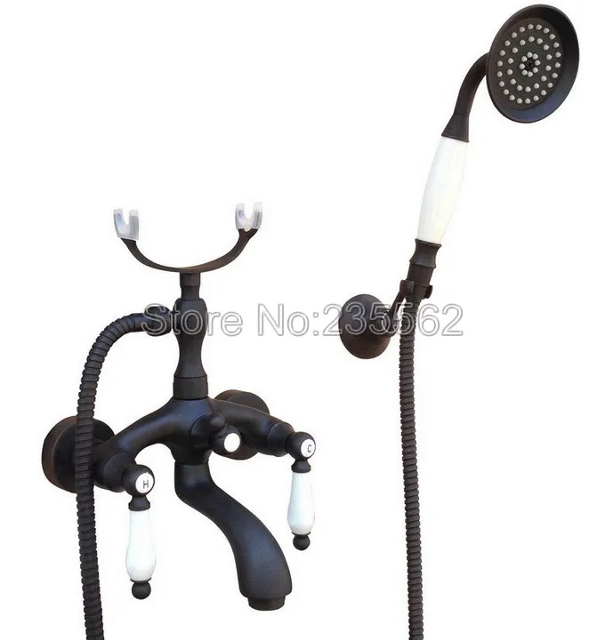 Ванная комната черный масло втирают Бронзовый настенный смеситель для ванной с двойной ручкой смеситель для душа с керамическим ручной распылитель ltf576