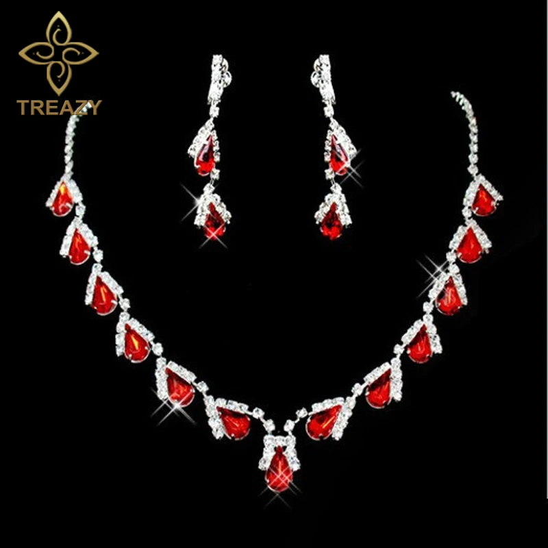 TREAZY Fashion Red Crystal Teardrops Bridal Jewelry Set Necklace