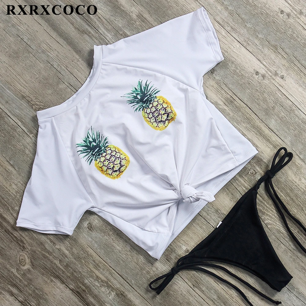 RXRXCOCO Sexy Bikinis 2019 Mujer Short Sleeve Brazilian Thong Bikini Set Pineapple Printed High Cut Swimwear Women Swimsuits
