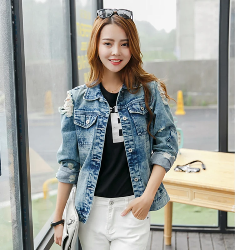 RUGOD 2018 Vintage Funny Print Jean Jacket Women Ripped Hole Long Sleeve Bomber Jackets Casual Spring Autumn Short Denim Jacket