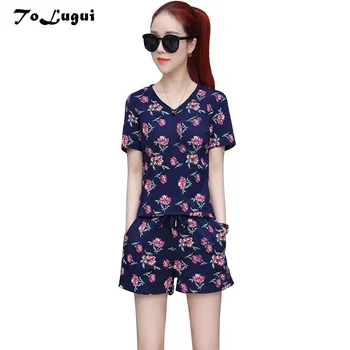 

Womwn suit summer female 2019 fashion print short sleeve shorts two piece outfits