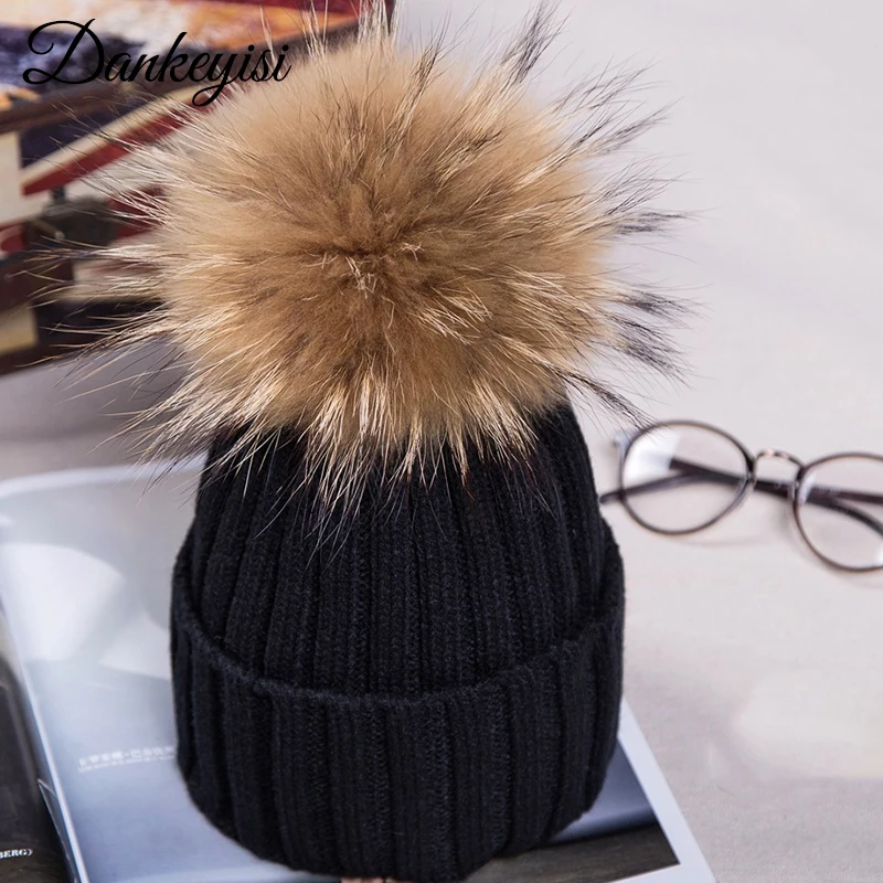 

DANKEYISI Fashion Women hat fur pom skullies Beanies Caps Real Raccoon Fur Pompom Beanie Hats For Women Thick Female Cap