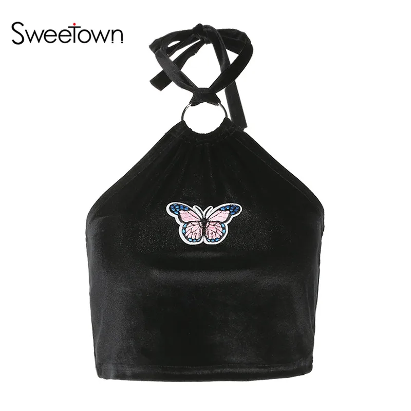 Sweetown, женский сексуальный укороченный топ,, укороченные женские топы, с аппликацией бабочки, черный, без рукавов, Feminino Bralette, летние майки