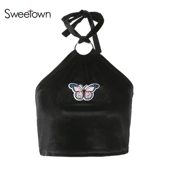 

Sweetown Women Sexy Crop Camisole 2018 Cropped Feminino Tops Butterfly Applique Black Sleeveless Feminino Bralette Summer Camis