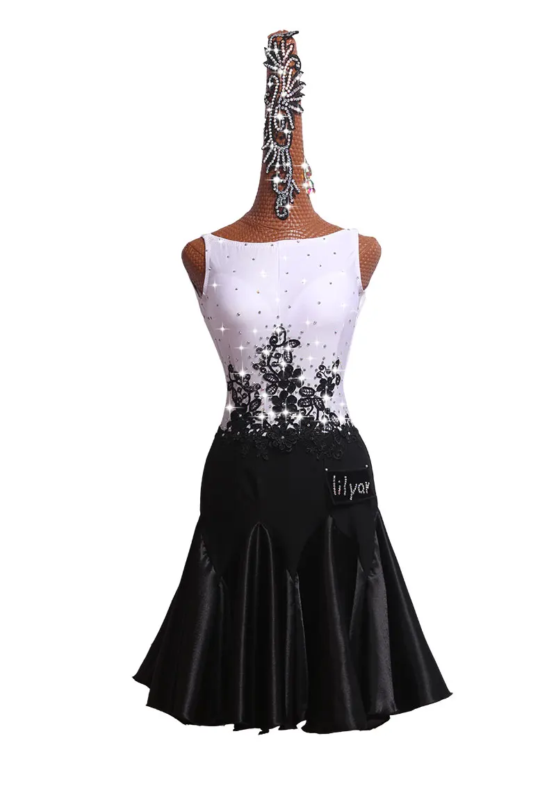dress and hairpin Женский конкурс латиноамериканских танцев, платье костюмы для самбы, латинское платье для продажи, Белое и черное платье на плоской подошве с вышитым воротником, платье для сальсы - Цвет: dress and hairpin