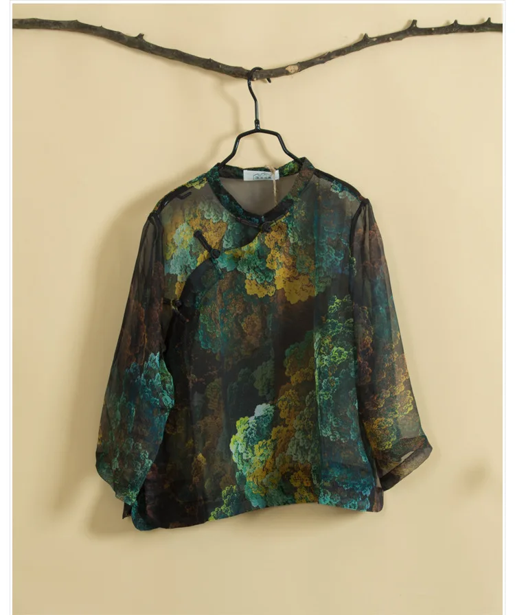 LZJN летние женские блузки с рукавом 3/4, короткая рубашка с цветочным принтом, Прозрачная черная блузка, китайский Топ Cheongsam