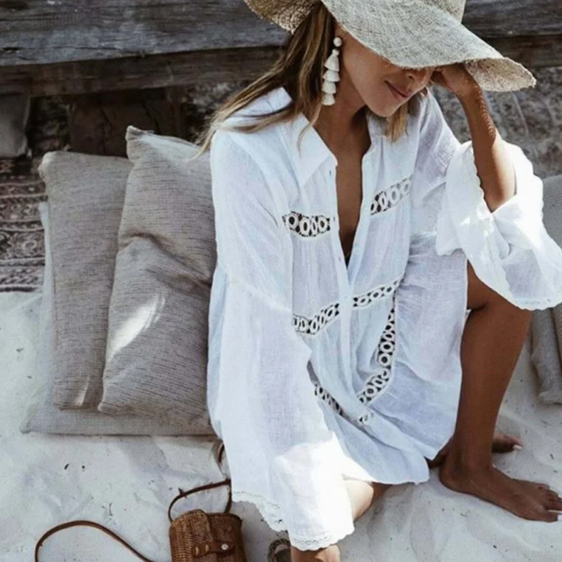 

Summer Beach Dress 2019 White Mini Hollow Out V Neck Sundress Plus Size Bohemian Style Dresses Sexy Women Dresses Vestidos