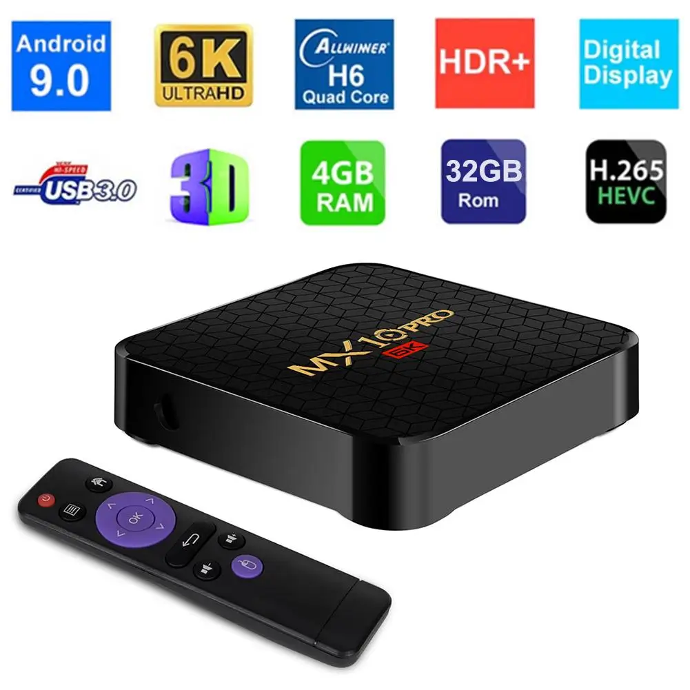 

MX10 Pro 6 K TV Box Android 9.0 Allwinner H6 Quad Core 4 GB 32 GB 64 GB 2.4G WiFi USB3.0 Support 6 K H.265 Smart Media Player