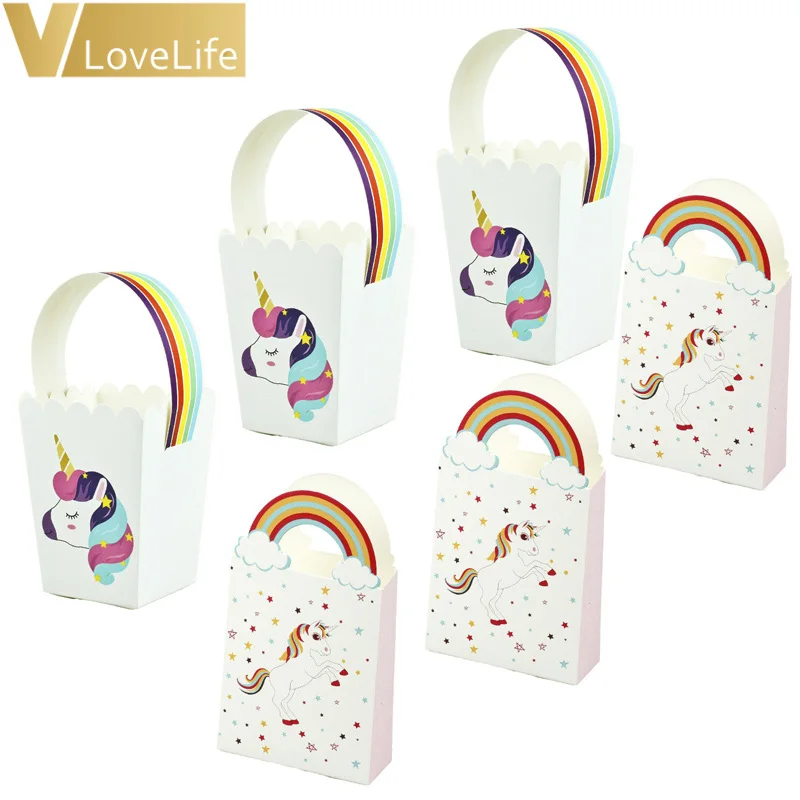 

12PCS unicorn paper bag candy boxes gift bags with rainbow handles for children birthday cookie unicorn party decoration